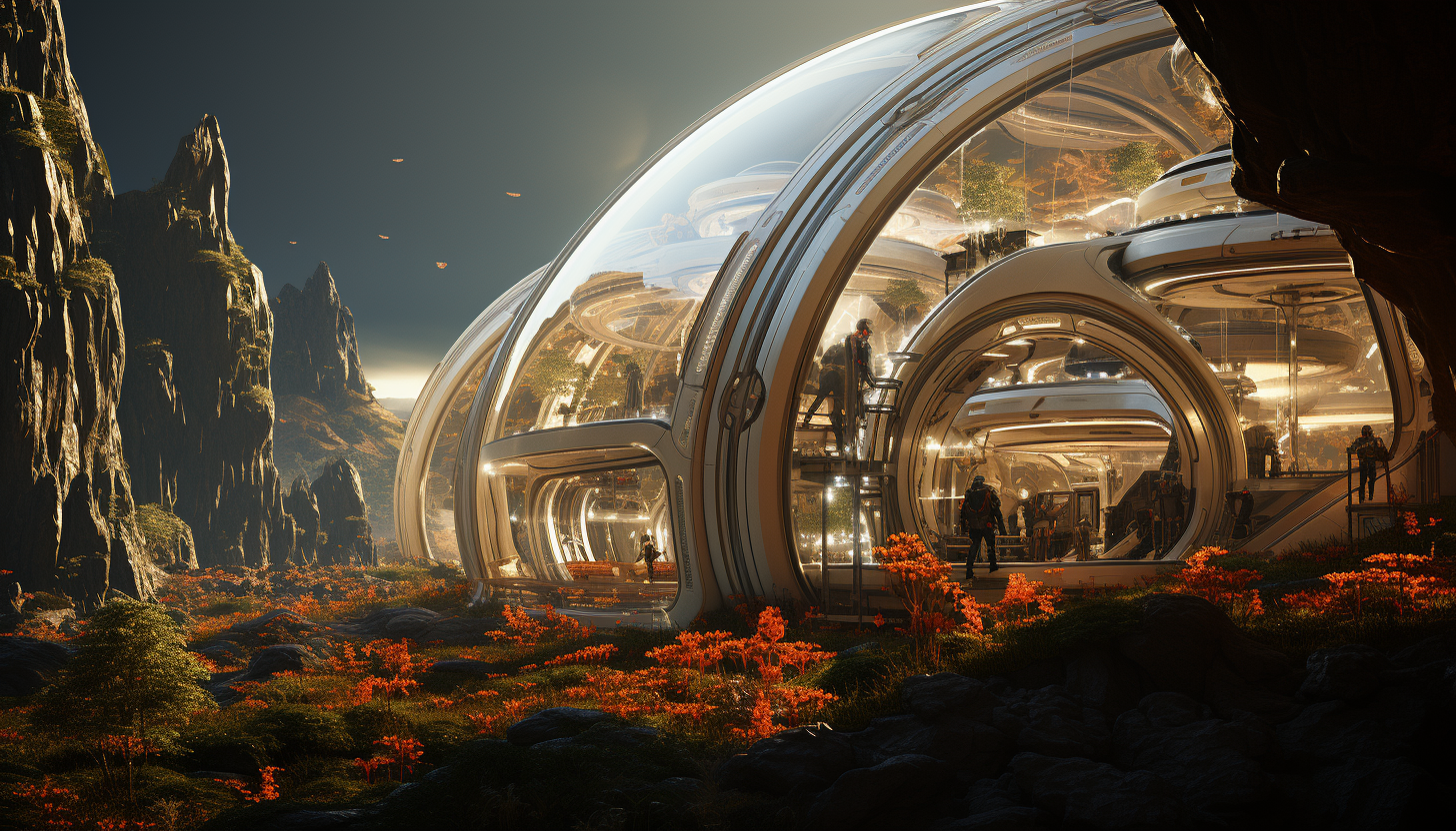 Futuristic greenhouse on Mars, with advanced agriculture technology, a variety of alien plants, and astronauts tending to the crops.