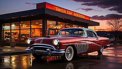 Classic American diner on Route 66 at twilight, with vintage cars parked outside, neon signs, and customers enjoying milkshakes at the counter.