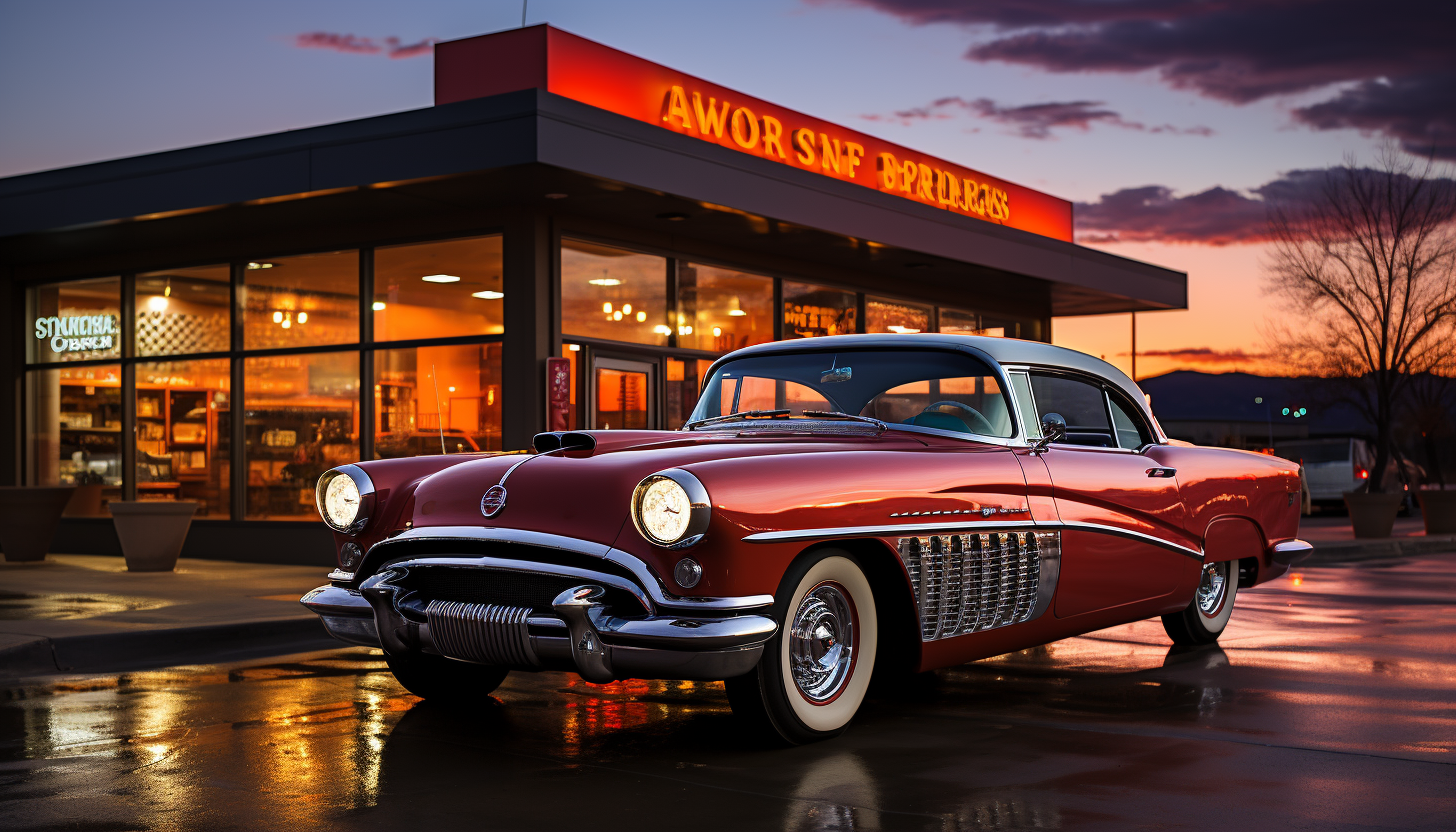 Classic American diner on Route 66 at twilight, with vintage cars parked outside, neon signs, and customers enjoying milkshakes at the counter.