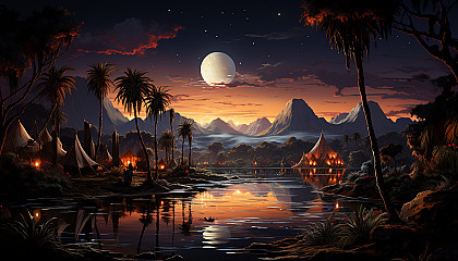 Desert oasis at twilight, featuring a tranquil pond, palm trees, camels resting, and a Bedouin tent under a star-filled sky.