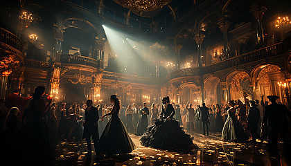 A grand Victorian ballroom, with dancers in elegant attire, a live orchestra, opulent chandeliers, and ornate decorations.