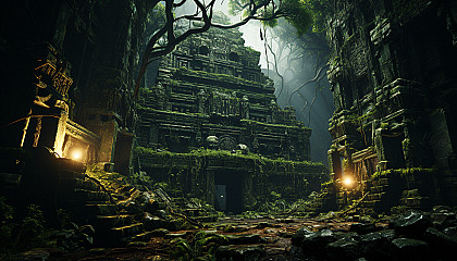Abandoned ancient temple in a jungle, overgrown with vines, hidden statues, and a mysterious glowing artifact at its heart.