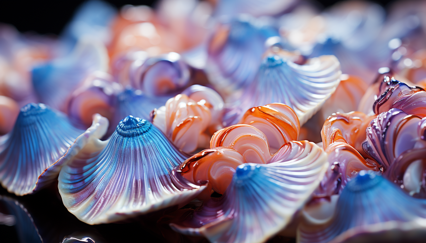 Macro detail of the vibrant and textured surface of a seashell.