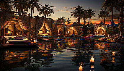 A desert oasis at night, with a star-filled sky, Bedouin tents, camels resting, and a tranquil, palm-lined pond.