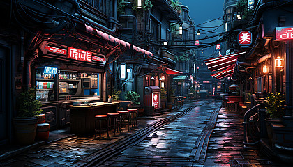 Futuristic cyberpunk alleyway, neon signs in various languages, shadowy figures, and high-tech gadgets.