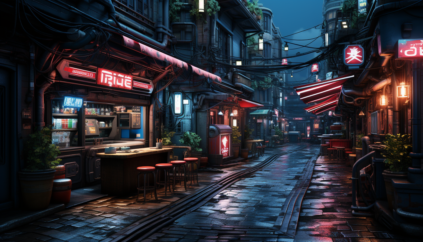 Futuristic cyberpunk alleyway, neon signs in various languages, shadowy figures, and high-tech gadgets.