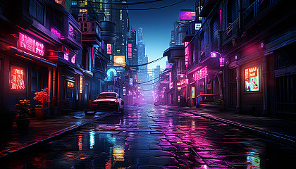 Cyberpunk alleyway in a neon-lit city, with graffiti walls, street vendors, augmented humans, and futuristic technology.