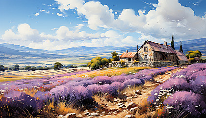 Lavender fields in Provence with a rustic farmhouse, rows of purple flowers, and distant mountains under a sunny sky.