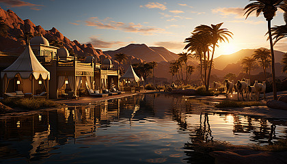Desert oasis at sunset, with palm trees, a tranquil pool, nomadic tents, camels resting, and the golden sun setting behind sand dunes.