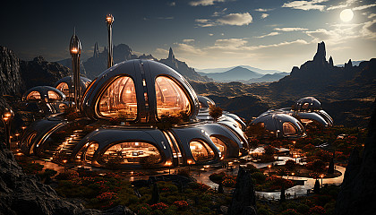 Futuristic Mars colony with biodomes, advanced vehicles exploring the red landscape, and Earth visible in the sky.