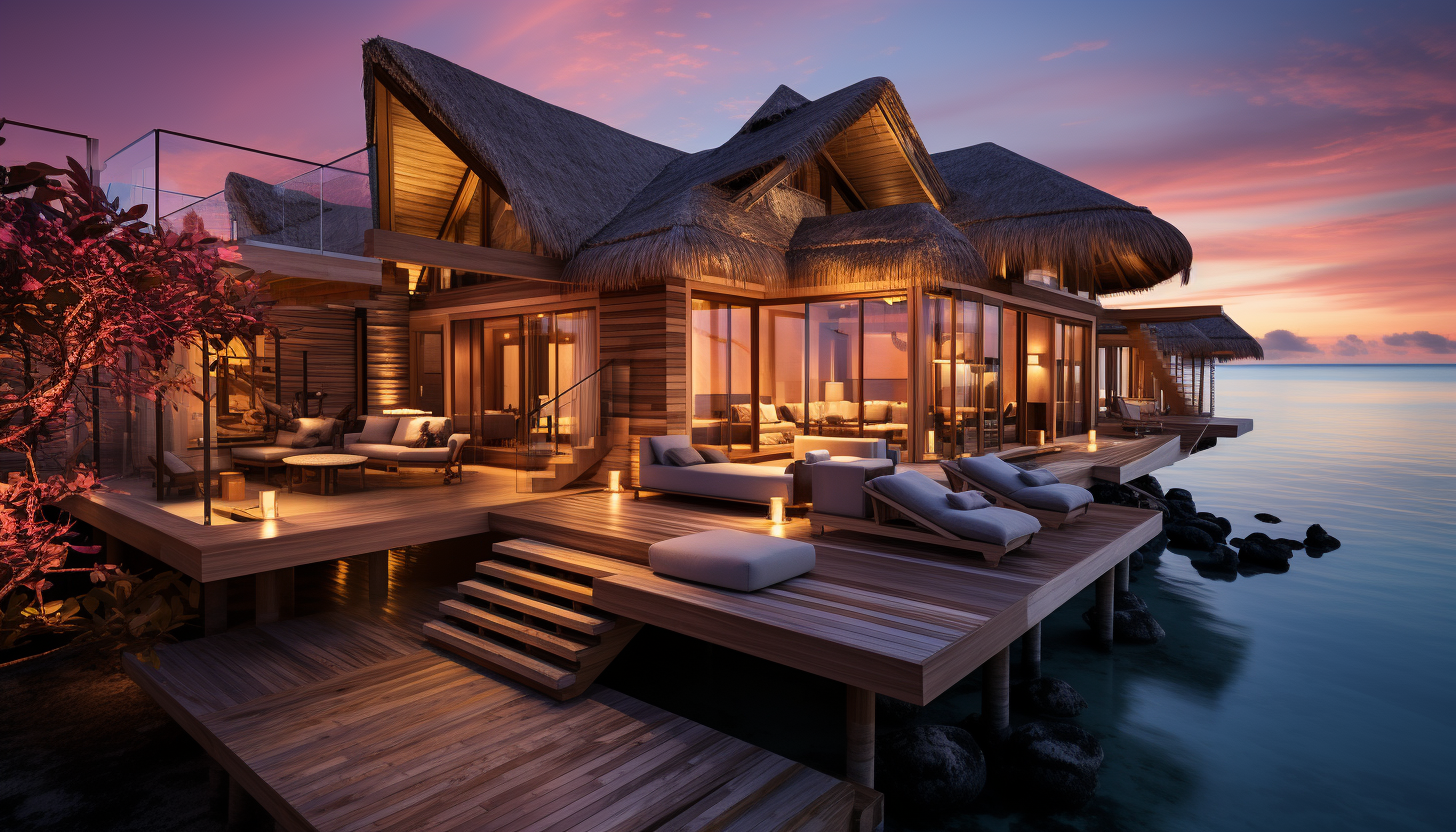 Luxurious overwater bungalow resort in the Maldives, with crystal-clear waters, vibrant marine life, and a serene sunset backdrop.