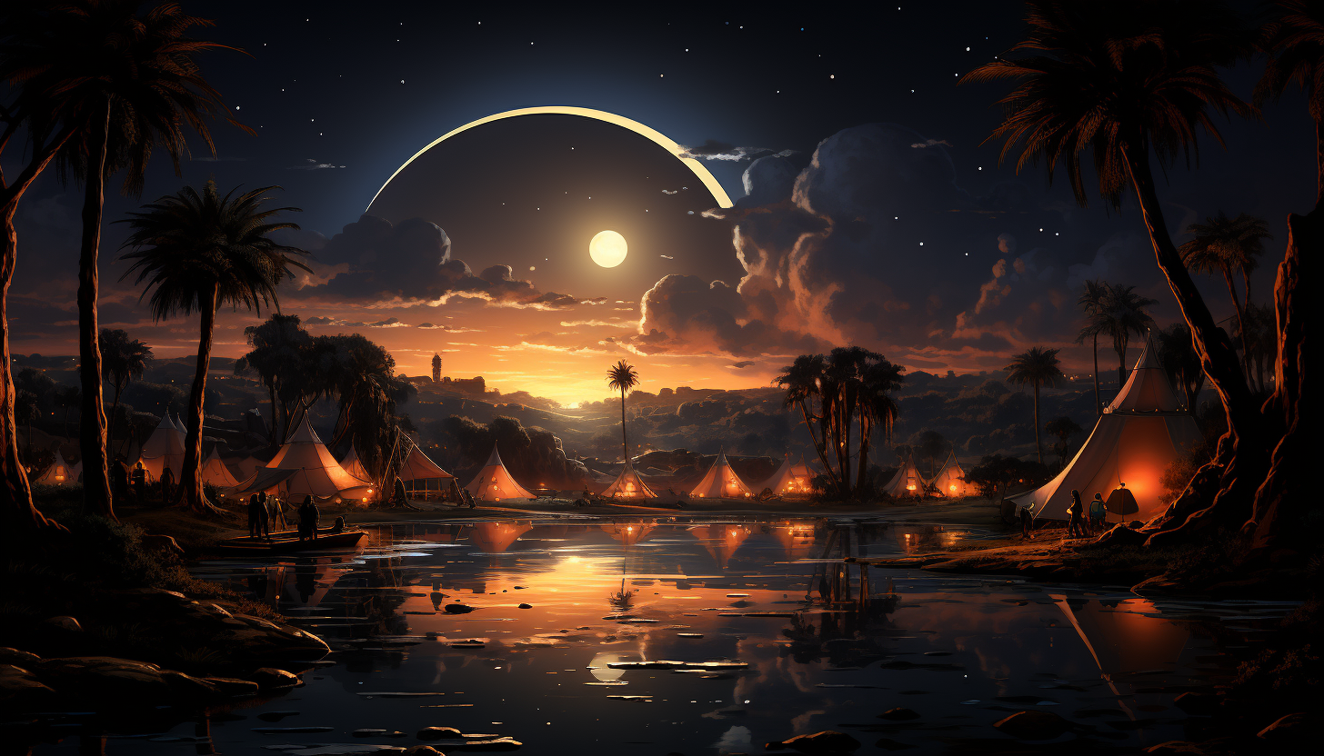 Desert oasis at night, with a star-filled sky, Bedouin tents, camels resting, and a tranquil pool reflecting the moon.