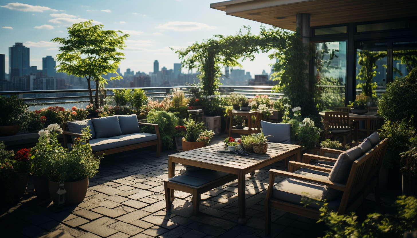 Modern rooftop garden in a bustling city, with sleek furniture, an array of green plants and flowers, and skyscrapers in the background.