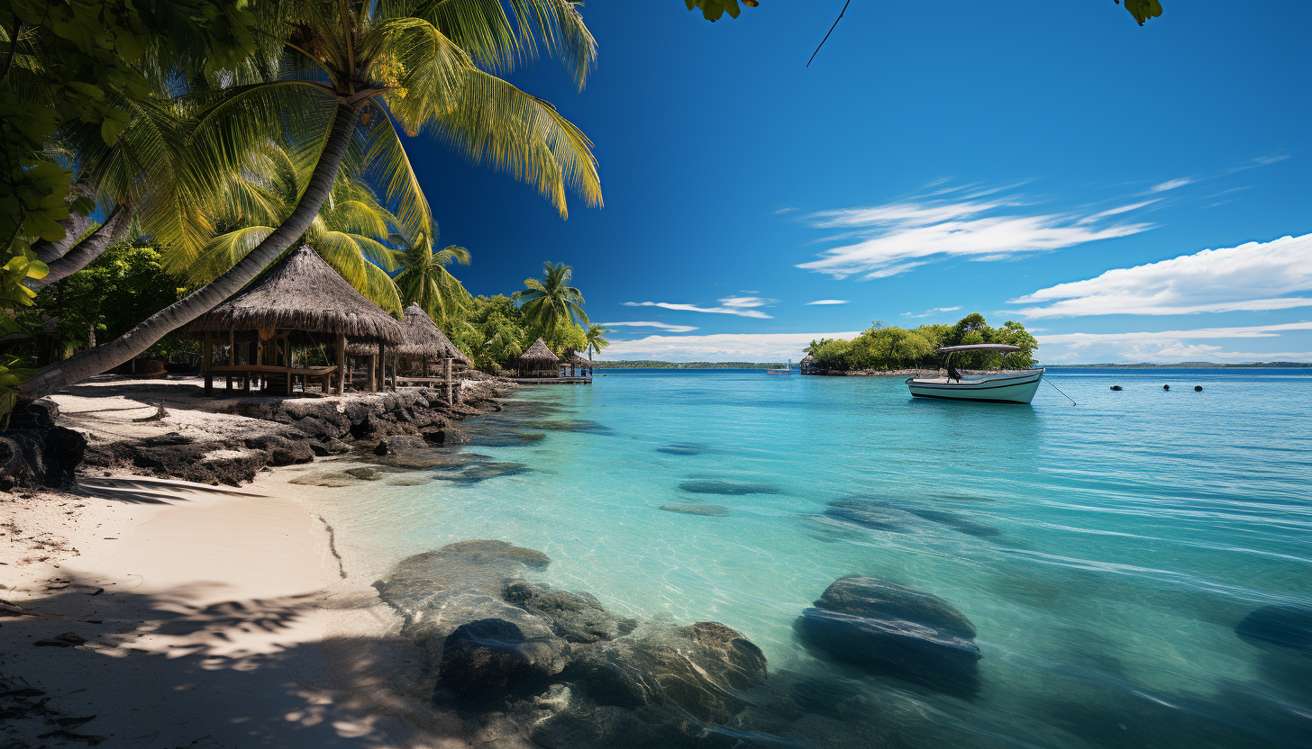 Lush tropical beach with clear turquoise water, hammocks between palm trees, a small boat in the distance, and a tiki bar.