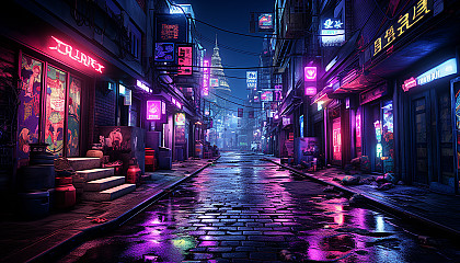 Cyberpunk alleyway in a neon-lit city, with graffiti walls, street vendors, augmented humans, and futuristic technology.