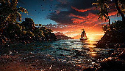 Idyllic Caribbean beach at sunset, with palm trees, hammocks, crystal clear water, and a small boat sailing in the distance.