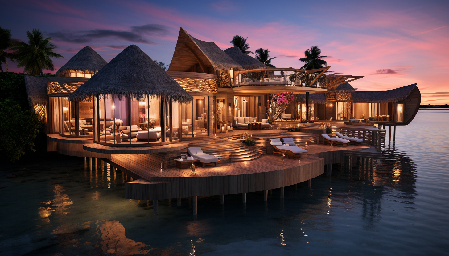 Luxurious overwater bungalow resort in the Maldives, with crystal-clear waters, vibrant marine life, and a serene sunset backdrop.