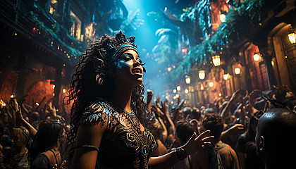 A vibrant carnival in Rio de Janeiro, with samba dancers, elaborate floats, lively music, and a crowd of revelers.