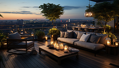 Rooftop garden in a modern city, with a variety of plants, comfortable seating areas, string lights, and a panoramic skyline view.