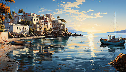 Grecian coastal village at dawn, with white and blue buildings, fishing boats bobbing in the harbor, and the sun rising over the Aegean Sea.