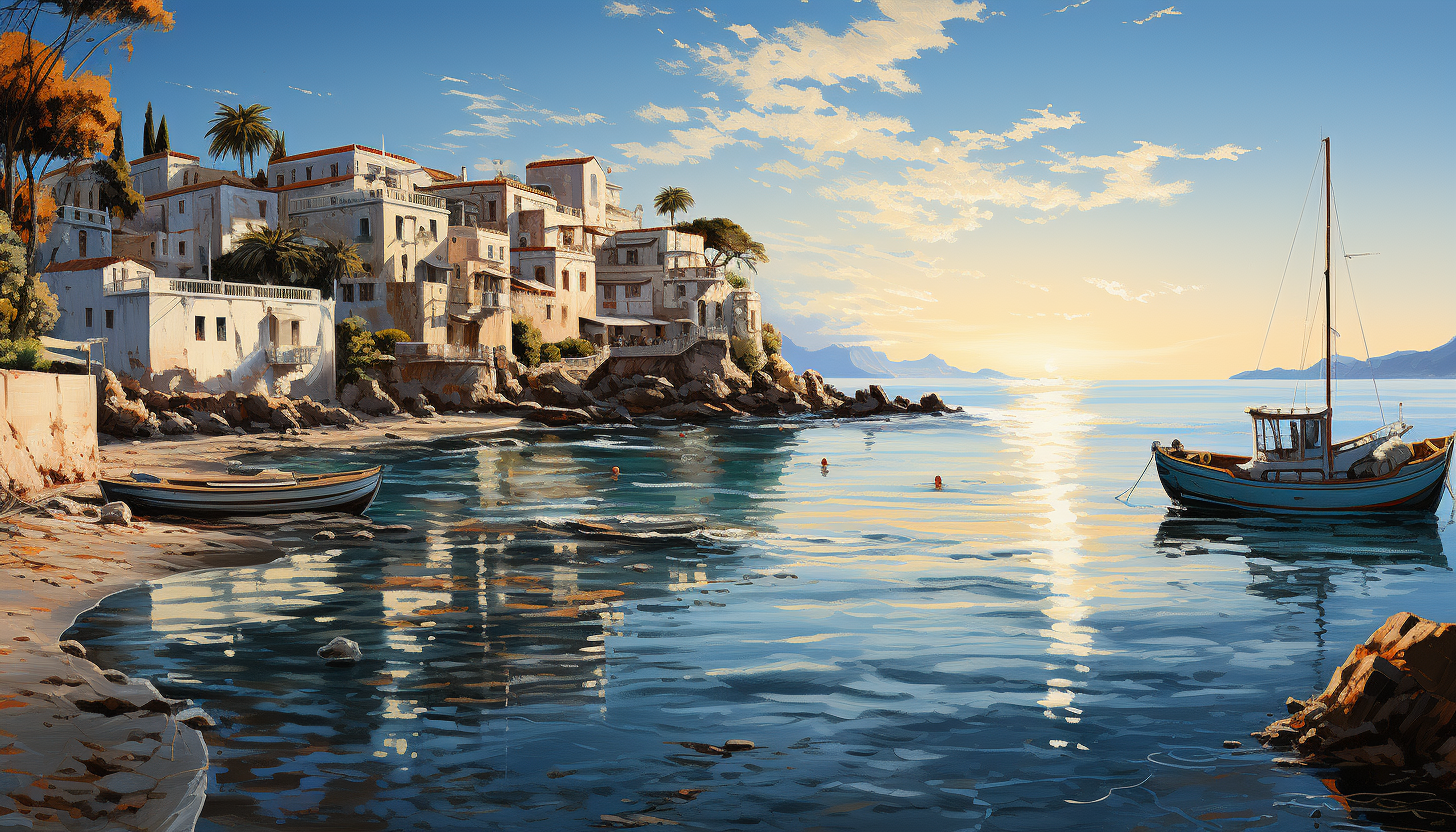 Grecian coastal village at dawn, with white and blue buildings, fishing boats bobbing in the harbor, and the sun rising over the Aegean Sea.