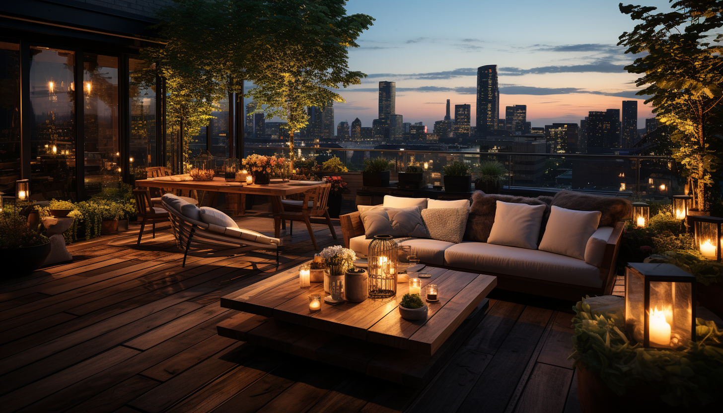 Rooftop garden in a modern city, with an array of green plants, comfortable seating, urban skyline, and soft, twinkling lights.