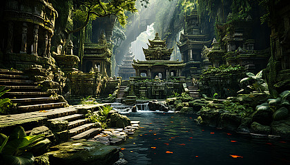 A tranquil Balinese temple surrounded by lush tropical forests, waterfalls, and stone statues, with monks in prayer.