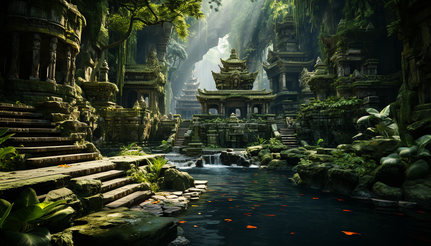 A tranquil Balinese temple surrounded by lush tropical forests, waterfalls, and stone statues, with monks in prayer.