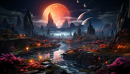 Mysterious alien landscape with bizarre plants, floating rocks, a glowing river, and a distant spacecraft.