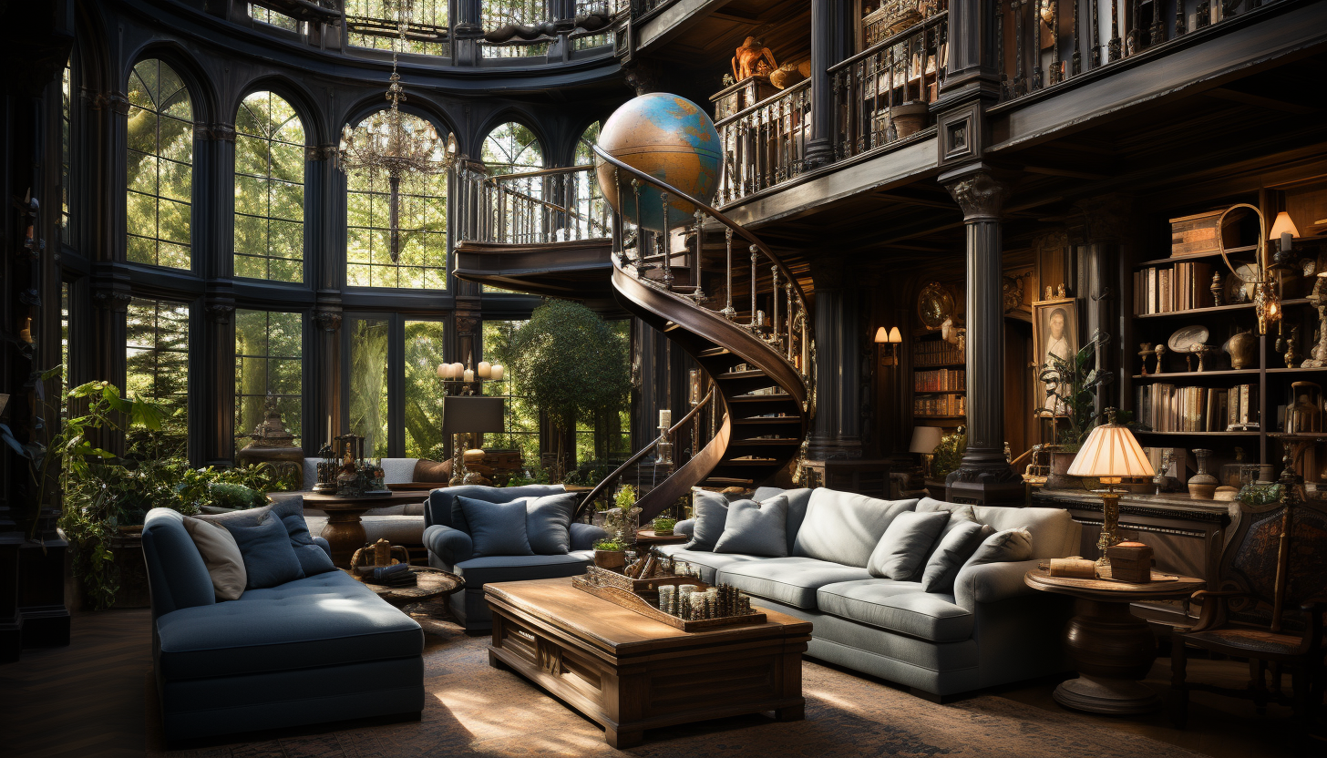 Grand library with towering bookshelves, a spiral staircase, antique globes, and cozy reading areas with classic armchairs.