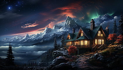 Cozy mountain cabin at night, snow-covered, with warm light from windows, a pine forest backdrop, and the Northern Lights.