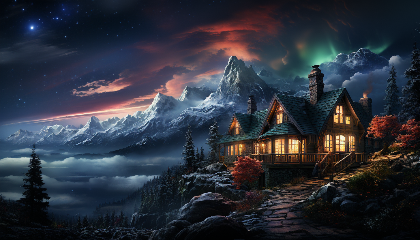 Cozy mountain cabin at night, snow-covered, with warm light from windows, a pine forest backdrop, and the Northern Lights.