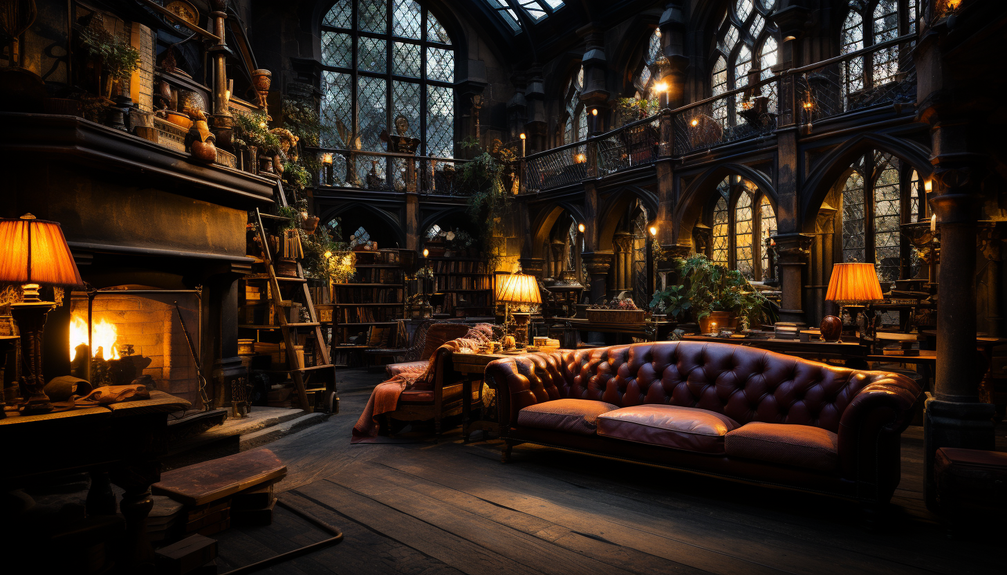 Grand library in a medieval castle, towering bookshelves, ancient manuscripts, a large fireplace, and stained glass windows casting colorful light.