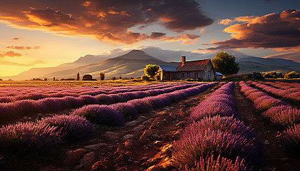 Lavender fields in Provence at golden hour, with rows of purple flowers, a quaint farmhouse, and distant mountains.