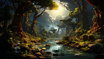 Lush rainforest canopy with exotic birds, a hidden waterfall, ancient trees, and sun rays filtering through the foliage.