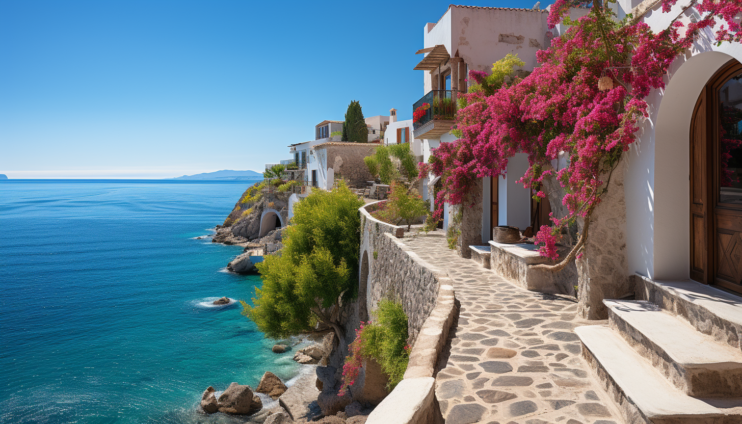 Sun-drenched Mediterranean village with white-washed houses, vibrant bougainvillea, a sparkling sea in the background, and narrow winding streets.