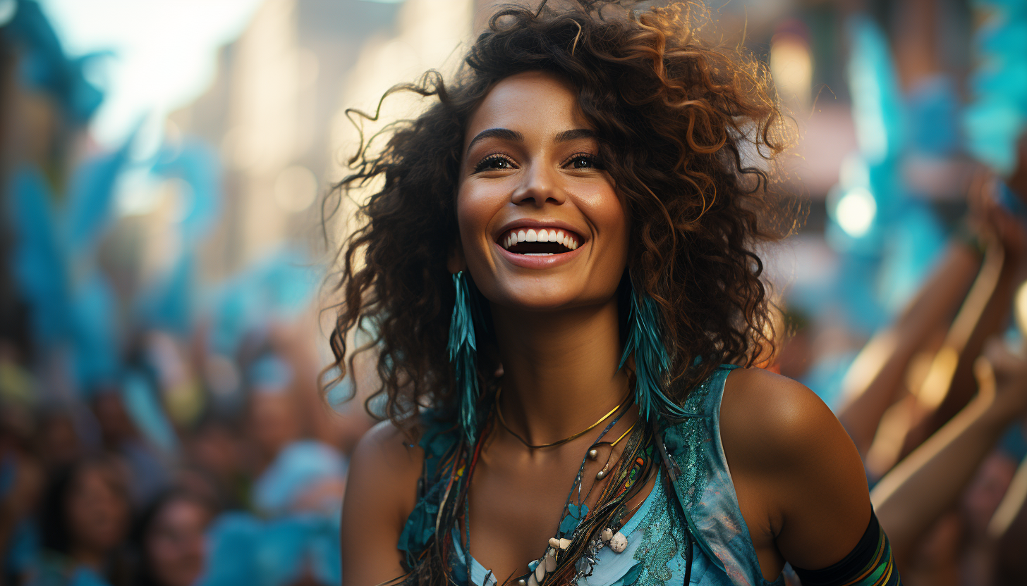 Vibrant carnival in Rio de Janeiro, with elaborate costumes, samba dancers, lively music, and colorful floats.