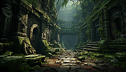 An ancient temple hidden in a lush jungle, with mysterious carvings, overgrown foliage, and a sense of forgotten history.