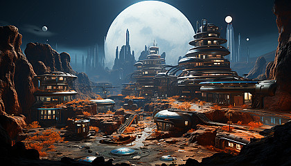 Futuristic Martian colony, with domed habitats, rovers navigating rocky terrain, Earth visible in the sky, and astronauts conducting research.