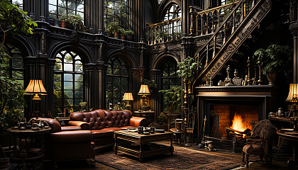 Old library with towering bookshelves, a grand fireplace, antique furniture, and a large window with a view of a moonlit garden.