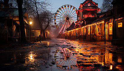 Abandoned amusement park at dusk, with overgrown ferris wheel, carousel horses, and a hauntingly beautiful atmosphere.