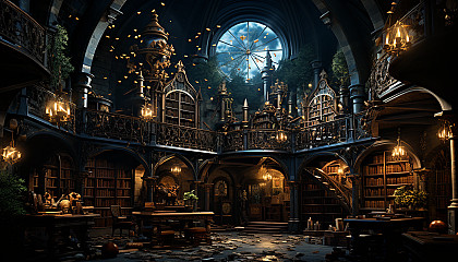 Ancient library with towering bookshelves, mystical artifacts, hidden passageways, and a grand, globe-lit reading room.