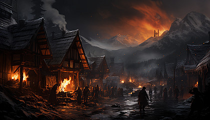 Traditional Viking village during a winter festival, with longhouses, a roaring bonfire, villagers in period attire, and a snowy landscape.