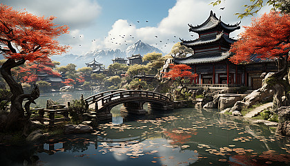 Traditional Chinese garden in spring, with a pagoda, stone paths, willow trees, and a tranquil pond with lotus flowers.