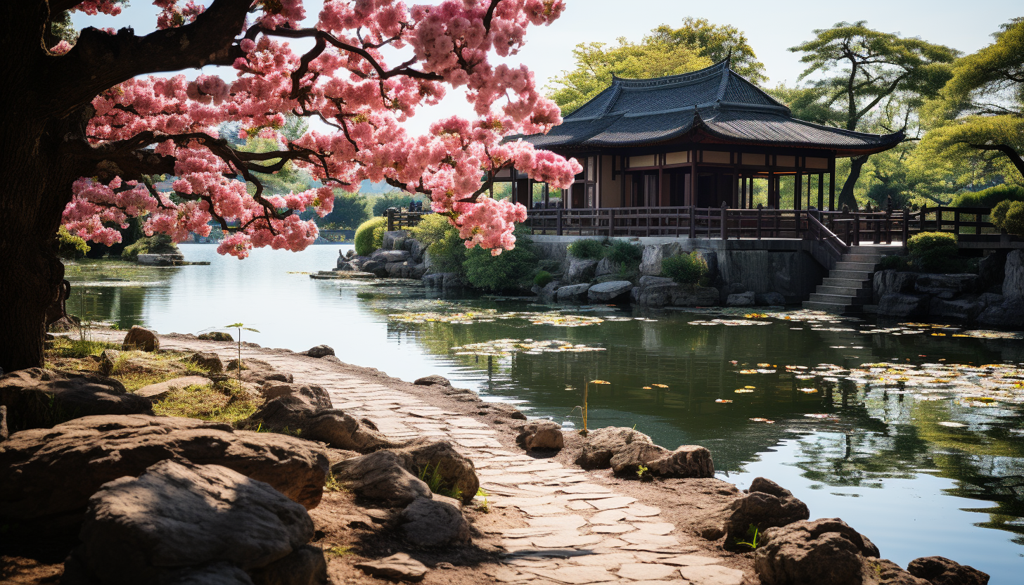 Traditional Chinese garden in spring, with a pagoda, stone bridges over a lily pond, willow trees, and peonies in bloom.