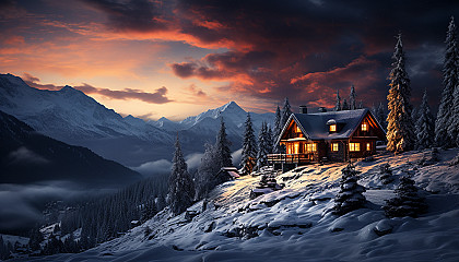Cozy mountain cabin in winter, surrounded by snow-covered pine trees, with smoke from the chimney and a clear night sky.
