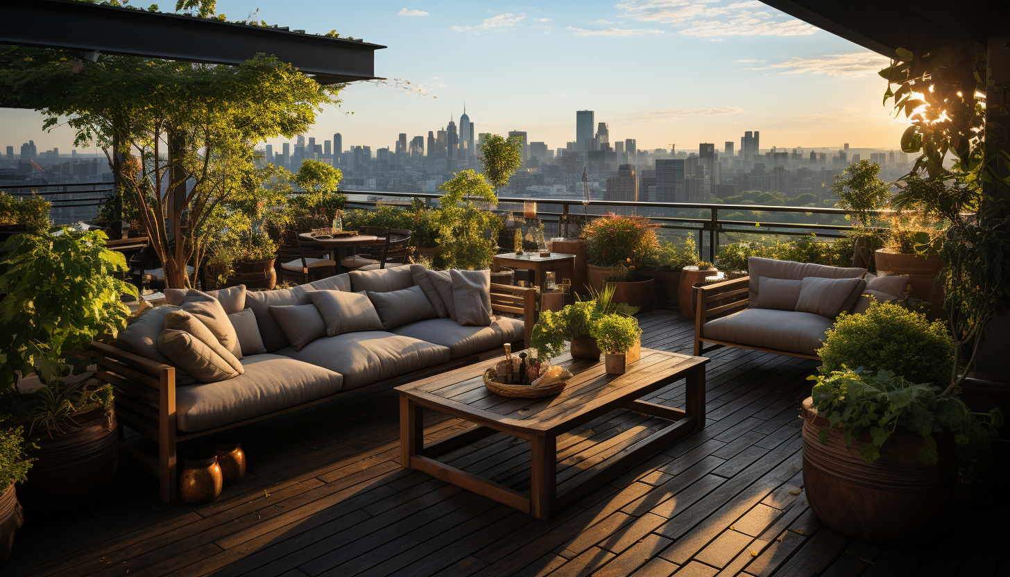 Lush rooftop garden in an urban setting, featuring a variety of plants, comfortable seating areas, and a panoramic view of the city skyline.