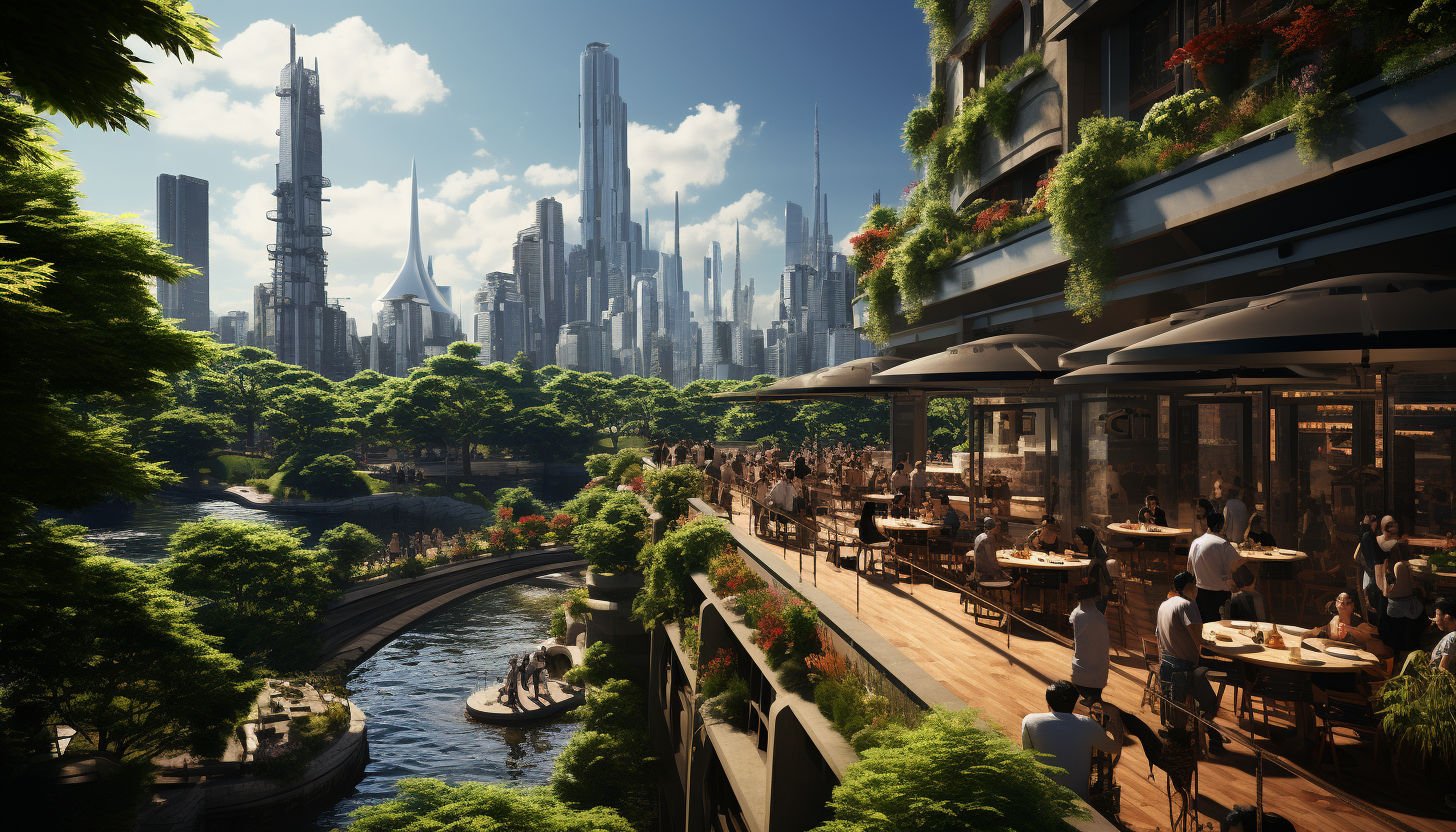 Rooftop garden in a modern city, with a mix of greenery and technology, skyscrapers in the background, and a small group enjoying a picnic.