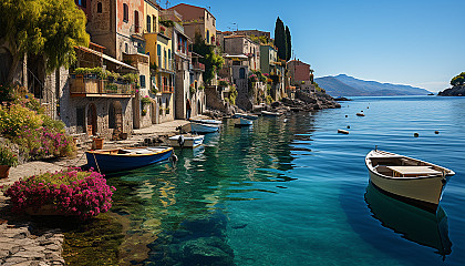 Mediterranean coastal village, with white-washed houses, bright blue doors, flower-filled balconies, and fishing boats bobbing in the harbor.