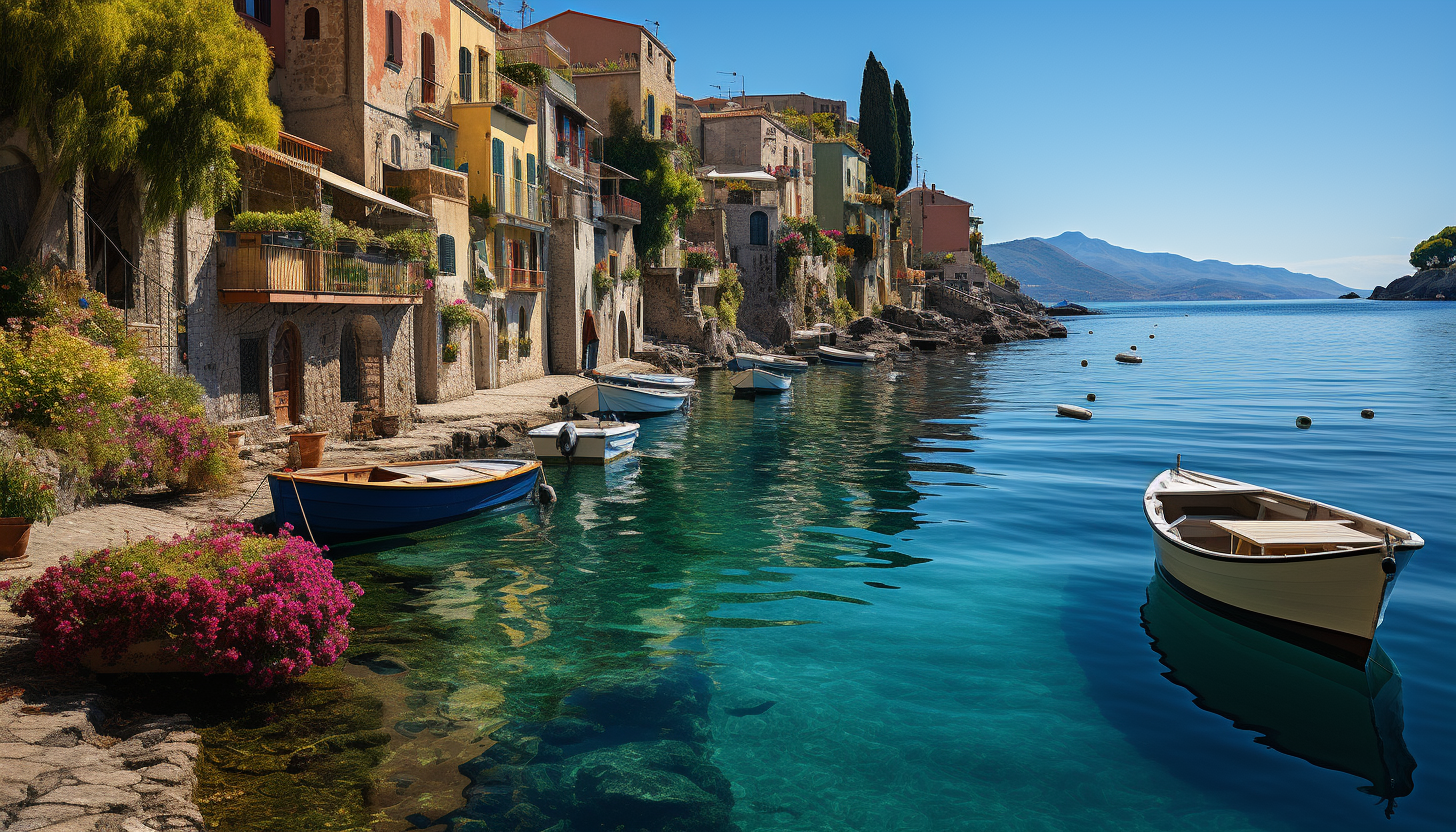 Mediterranean coastal village, with white-washed houses, bright blue doors, flower-filled balconies, and fishing boats bobbing in the harbor.